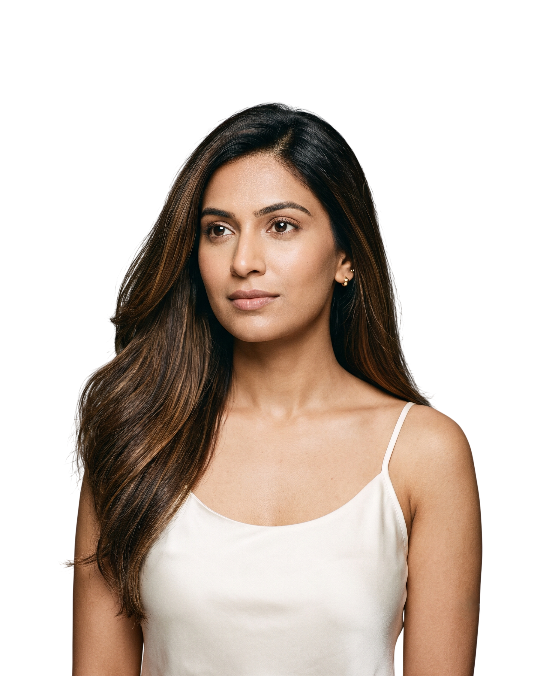Woman with glossy shoulder-length balayage hair, photographed against a plain cream background