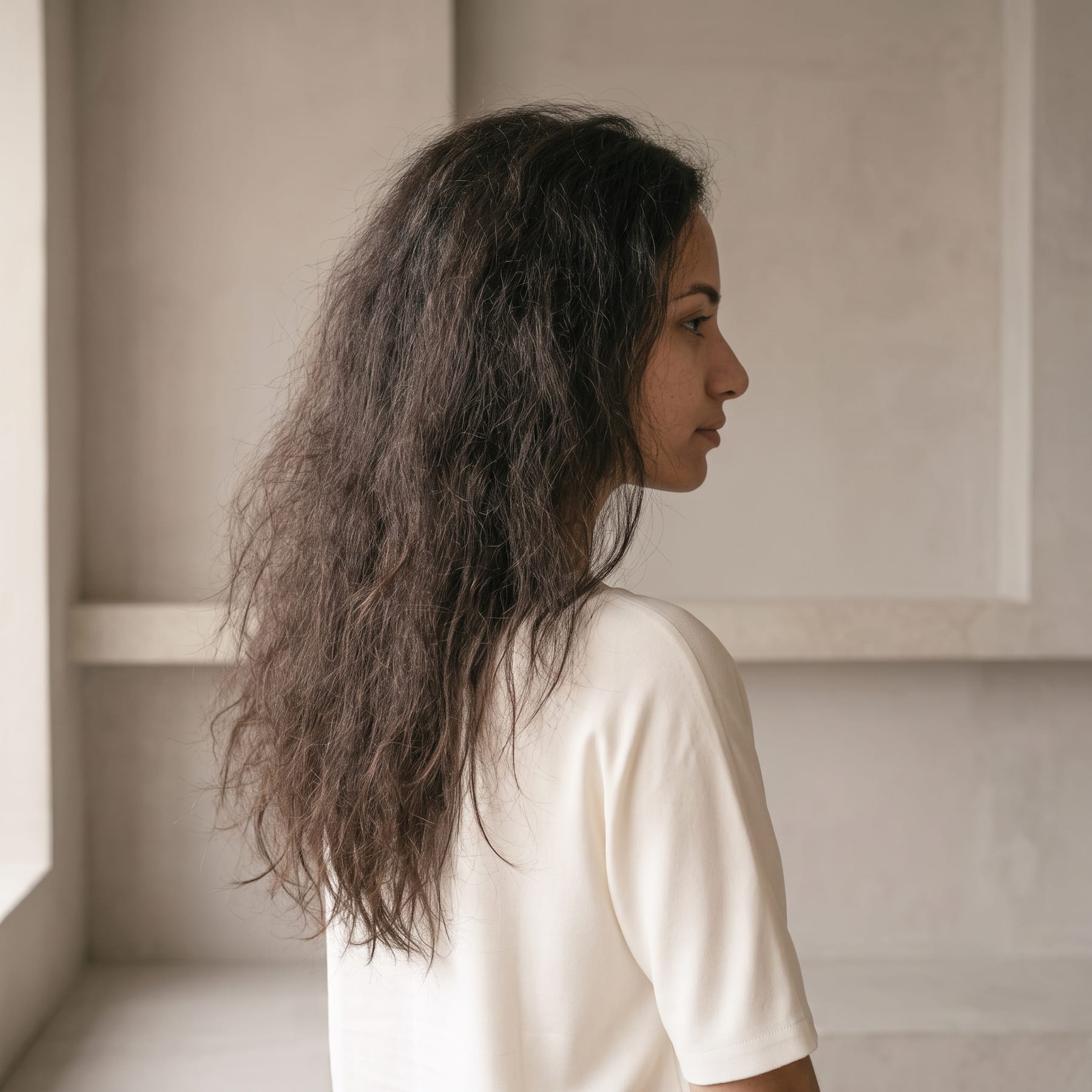 Before: frizzy, colour-treated hair with dry ends